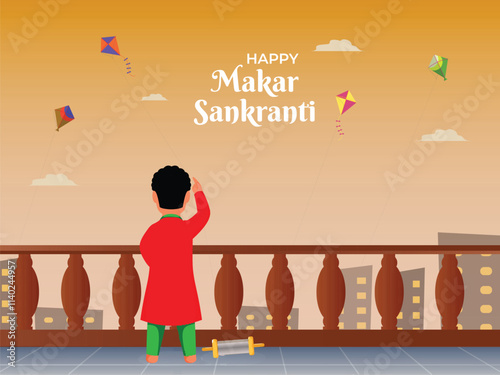Happy Makar Sankranti Poster with Back View of Boy Flying Kite on Roof Illustration.