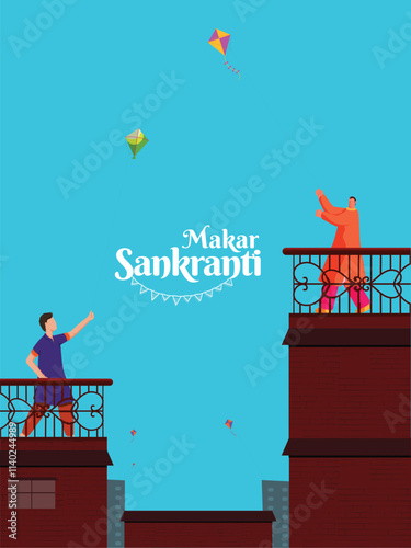 Happy Makar Sankranti Poster Design with Two Men Characters Flying Kite on Roof of Their Houses Illustration.