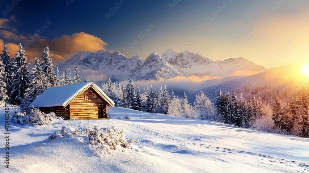 Naklejka premium Serene Snowy Mountain Landscape at Sunset
