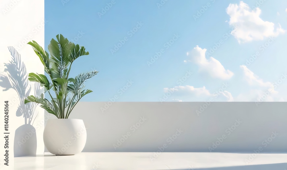 Minimalist balcony scene with plant, white wall, and blue sky. Minimalist balcony scene with plant, white wall, and blue sky.