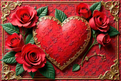 Valentine’s card , decorated with red roses and  gold