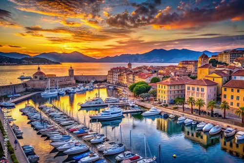 Ajaccio Harbor, Corsica, Mediterranean Sea, Scenic Port, Sunset, Boats, Yachts,  French Riviera, Coastal View, Rule of Thirds Photography photo