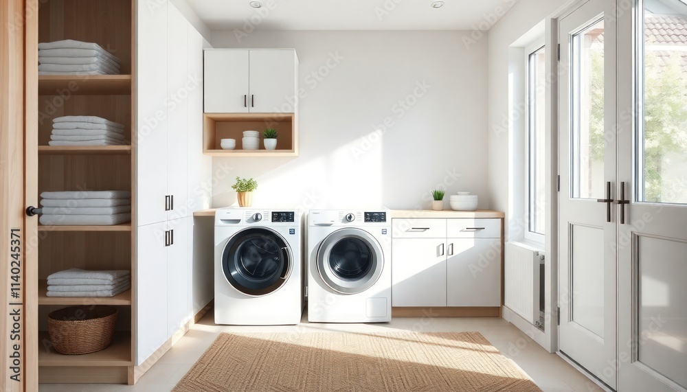 Scandinavian Style - Interior Design of Laundry Room with Scandinavian Concept - Hotel Laundry Room - Apartment Laundry Room Interior with Washing Machine - Interior Design Scandinavian Style - Interior Design of Laundry Room with Scandinavian Concept - Hotel Laundry Room - Apartment Laundry Room Interior with Washing Machine - Interior Design