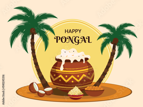 Happy Pongal Celebration Poster with Traditional Clay Pot of Rice Dish, Indian Sweet (Laddu) and Coconut Trees on Beige Background.
