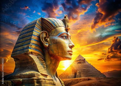 Akhenaten Pharaoh Double Exposure: Ancient Egypt Sun God  Mystical Portrait Photography photo