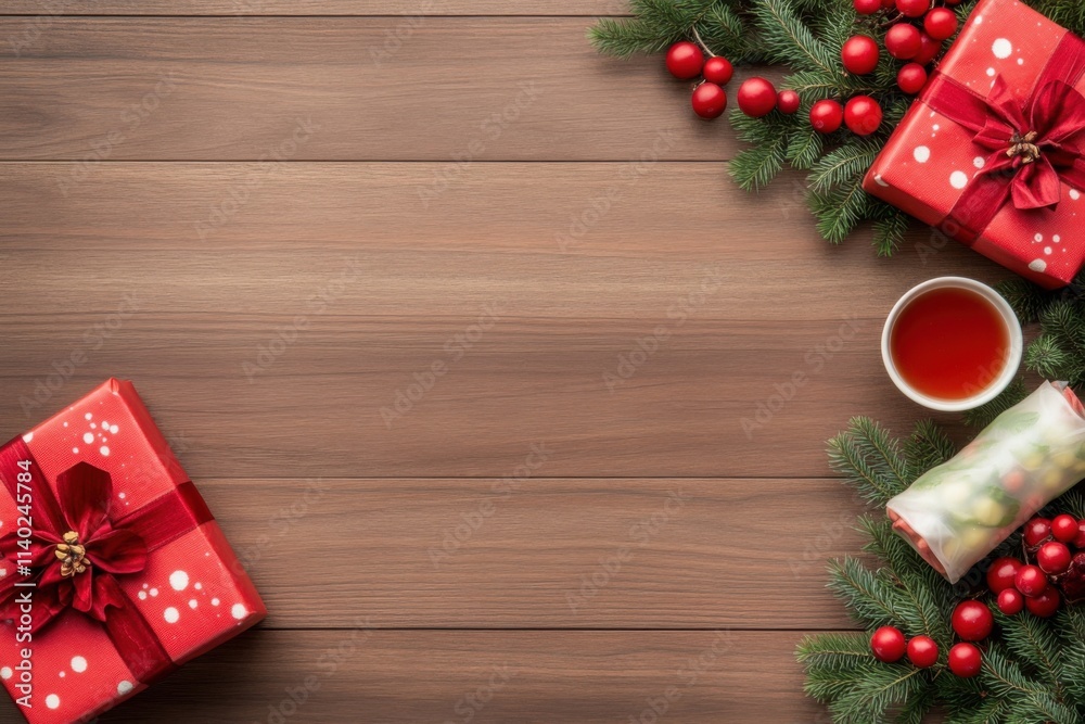 Festive gift arrangements with spring rolls and tea on rustic wood holiday celebration cozy atmosphere Festive gift arrangements with spring rolls and tea on rustic wood holiday celebration cozy atmosphere