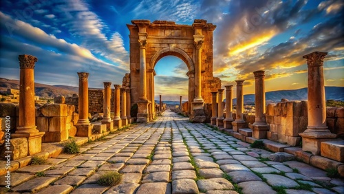Algeria Timgad: Ancient Roman Ruins, Decumanus Maximus Street & Trajan's Arch - Historical Landscape Photography photo