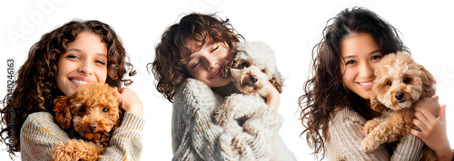 Set of Woman hugging her loved Toy Poodle dog, isolated on transparent background, people and pets concept, realistic illustration, generative ai