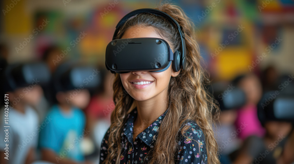 smiling young woman wearing VR headset in classroom setting smiling young woman wearing VR headset in classroom setting