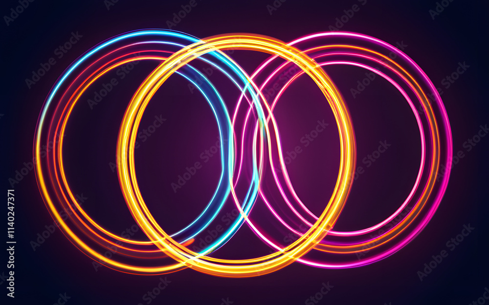 Interlocking circles, glowing with vibrant lights, symbolizing unity and connection Interlocking circles, glowing with vibrant lights, symbolizing unity and connection