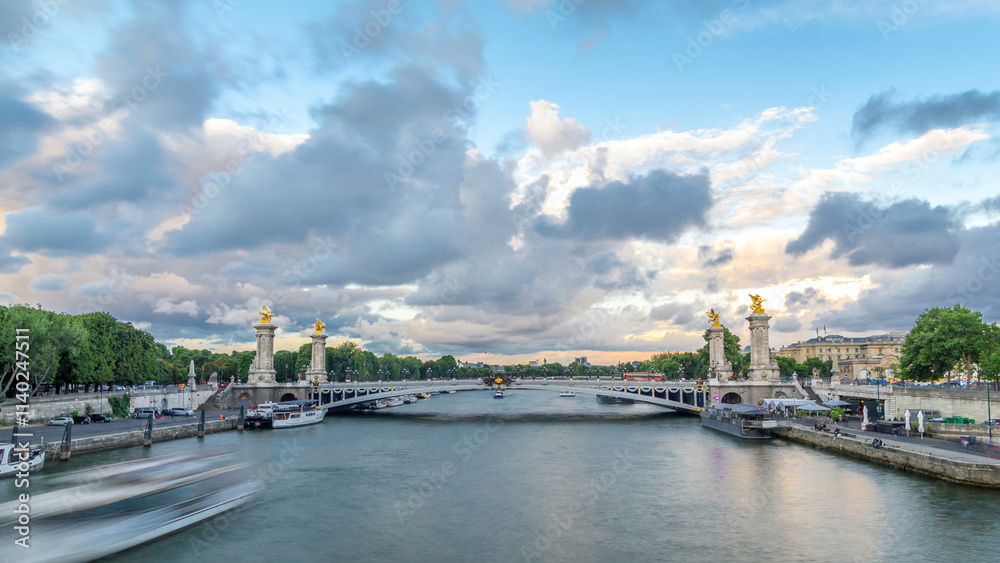 Fototapeta premium Bridge of Alexandre III spanning the river Seine timelapse hyperlapse. Paris. France.