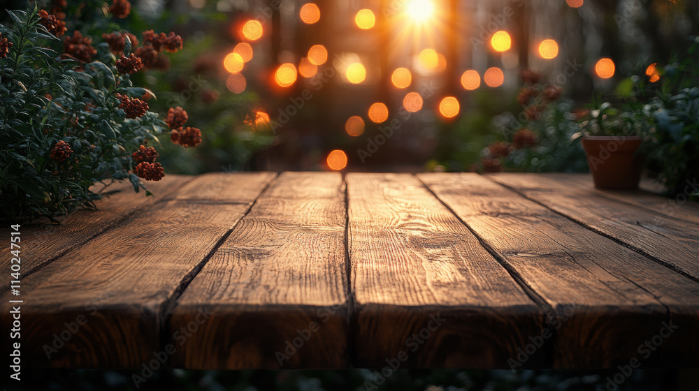 Wooden table with smooth finish in garden setting, glowing bokeh lights in background Wooden table with smooth finish in garden setting, glowing bokeh lights in background