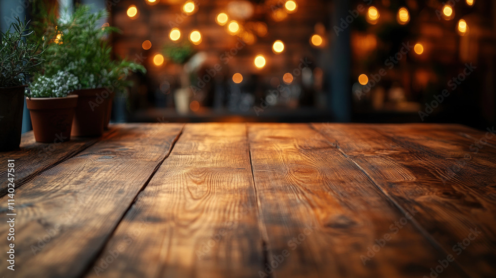 Rustic wooden table with smooth finish, surrounded by warm ambient lighting Rustic wooden table with smooth finish, surrounded by warm ambient lighting