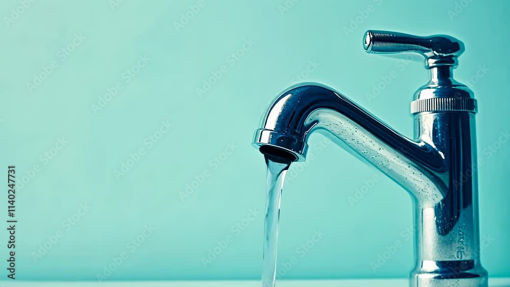A single stainless steel faucet leaks water, symbolizing water waste. Set against a turquoise backdrop, this scene conveys environmental issues and the importance of resource conservation. A single stainless steel faucet leaks water, symbolizing water waste. Set against a turquoise backdrop, this scene conveys environmental issues and the importance of resource conservation.