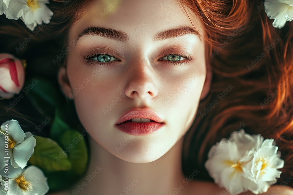 Captivating portrait of a woman surrounded by flowers in a serene setting Captivating portrait of a woman surrounded by flowers in a serene setting