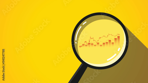 Flat illustration of a magnifying glass and financial chart on a yellow background. Global market analysis concept