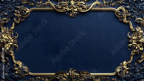 Ornate Gold and Navy Blue Baroque Frame with Copy Space