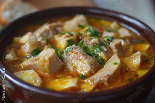 Tasty homemade tripe soup with pork and spices spicy and fragrant accompanied by bread