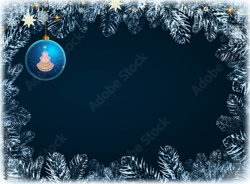 Christmas background with gray ball and pine branches on a blue.