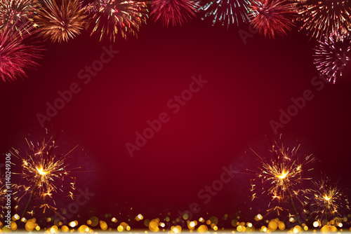 New Year fireworks in the night sky and Bengal sparkling lights on red.