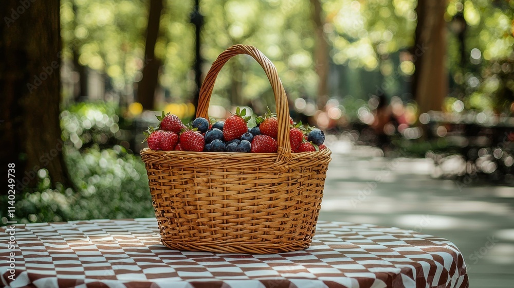 A beautiful wicker basket filled with fresh strawberries and blueberries sits on a checkered tablecloth in a sunny park setting. A beautiful wicker basket filled with fresh strawberries and blueberries sits on a checkered tablecloth in a sunny park setting.