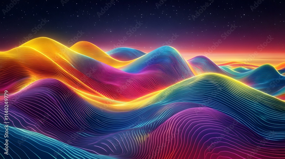 A synthwave landscape with neon lines and glowing curves, depicting an otherworldly horizon under the setting sun A synthwave landscape with neon lines and glowing curves, depicting an otherworldly horizon under the setting sun
