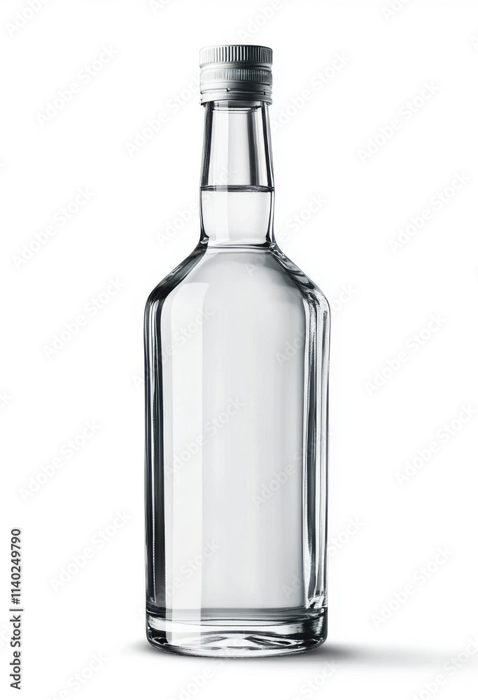 Clear glass bottle filled with liquid on a simple background highlighting its shape and design Clear glass bottle filled with liquid on a simple background highlighting its shape and design