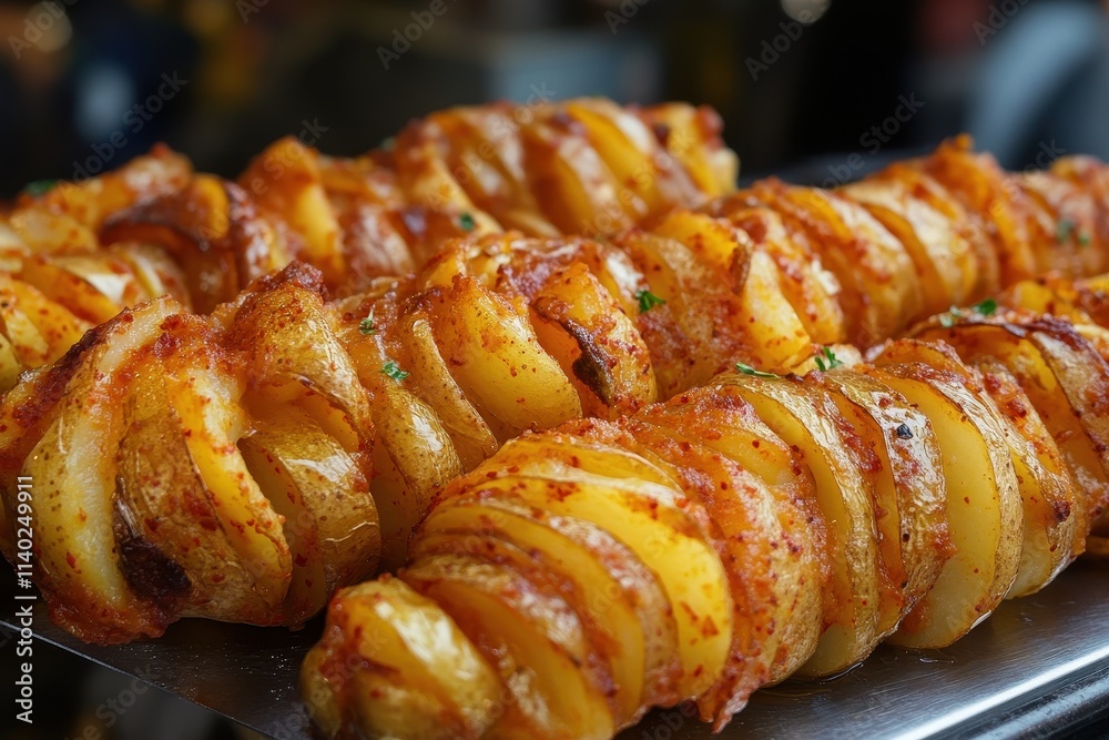 Tasty twisted potatoes sold on Myeongdong street in Seoul South Korea Tasty twisted potatoes sold on Myeongdong street in Seoul South Korea