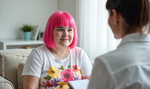 plump teenage girl with a bright pink hairstyle at an appointment with a psychologist