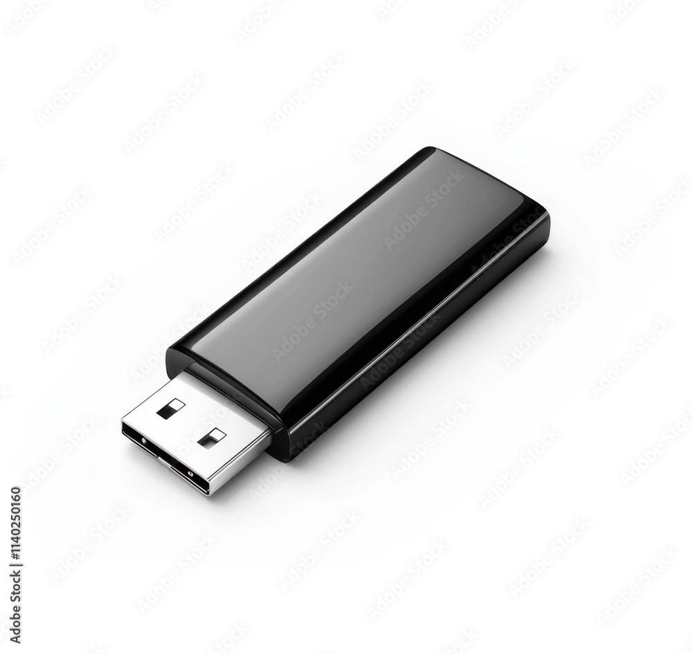 Small black USB flash drive lying flat on a white surface with a shiny finish and angled connector Small black USB flash drive lying flat on a white surface with a shiny finish and angled connector
