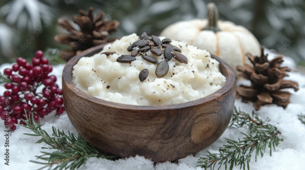 A wooden bowl filled with a creamy traditional dish topped with seeds. Surrounding it are winter elements like pinecones and a pumpkin. A wooden bowl filled with a creamy traditional dish topped with seeds. Surrounding it are winter elements like pinecones and a pumpkin.