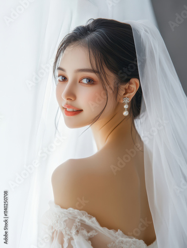 Elegant bride wearing a veil and looking back with a serene expression indoors