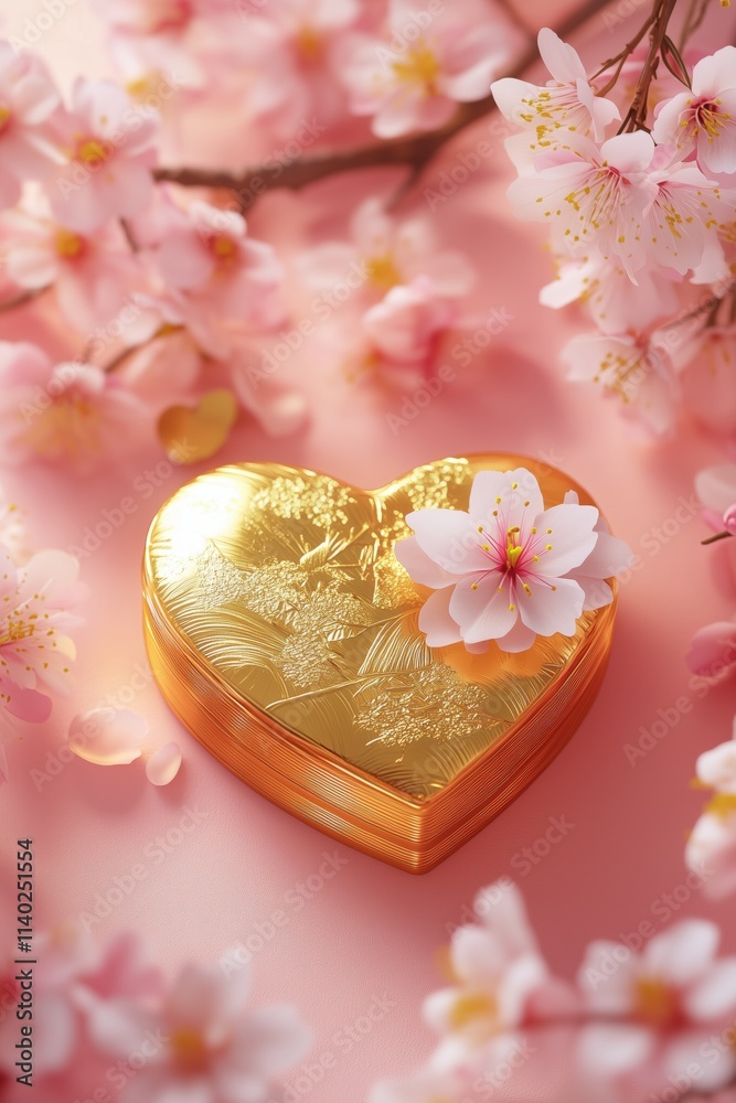 A sparkling gold heart-shaped box surrounded by delicate pink flowers. A sparkling gold heart-shaped box surrounded by delicate pink flowers.