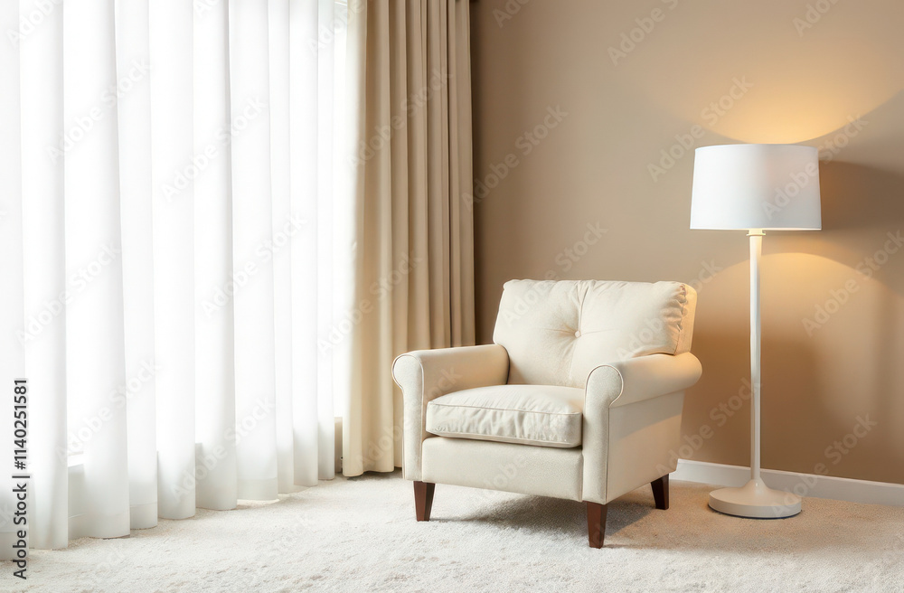 Fototapeta premium ROOM WITH white CARPETING A BEIGE CURTAIN WITH A beige ARMCHAIR AND A WHITE FLOOR LAMP AND