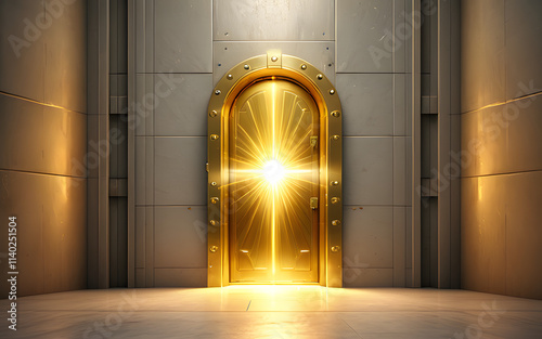 A golden vault door, glowing with radiant light beams escaping through its edges