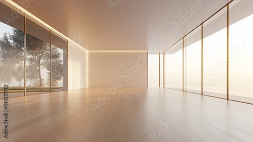 Fototapeta Naklejka Na Ścianę i Meble -  Empty room with a light wood floor and large windows