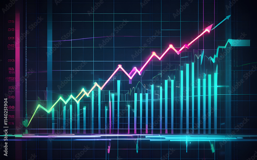 Naklejka premium A glowing financial chart, with upward-pointing arrows and vibrant, pulsating bars