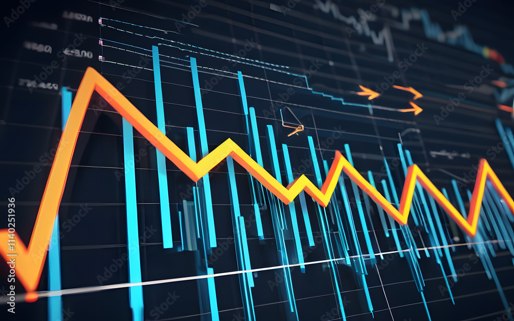 Naklejka premium A glowing financial chart, with upward-pointing arrows and vibrant, pulsating bars