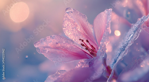 Close-up of delicate frost patterns on glass, elegant macro shot, HDR and volumetric lighting