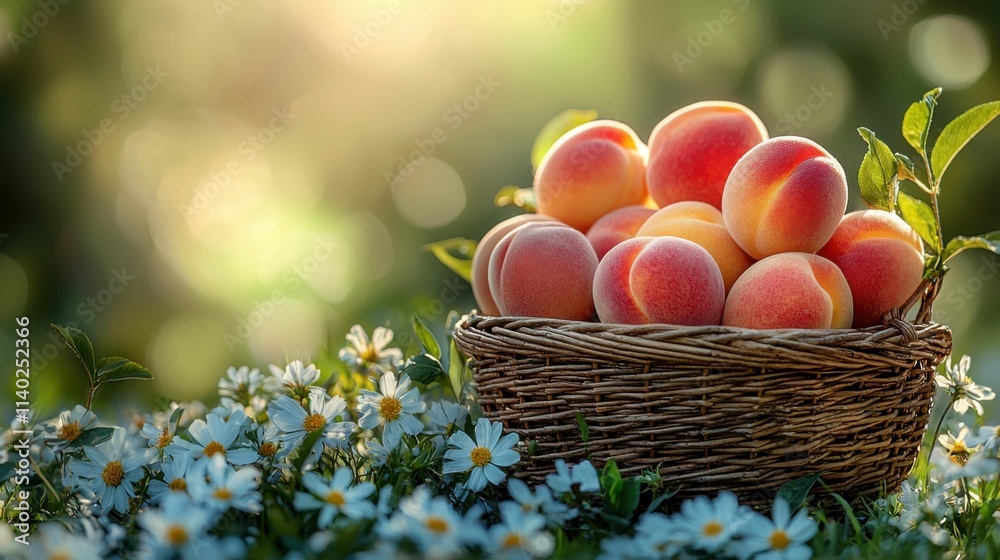 A beautiful basket filled with ripe peaches rests on a bed of white flowers, bathed in soft sunlight and surrounded by greenery. A beautiful basket filled with ripe peaches rests on a bed of white flowers, bathed in soft sunlight and surrounded by greenery.