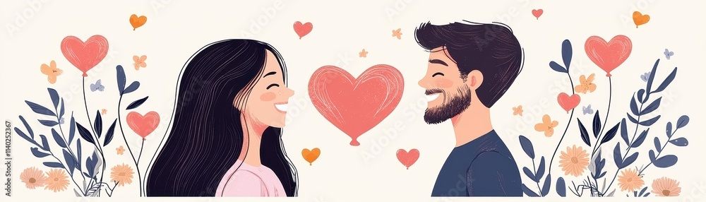 Joyful Couple Sharing Happiness Surrounded by Hearts and Nature Illustrating Love and Connection Joyful Couple Sharing Happiness Surrounded by Hearts and Nature Illustrating Love and Connection