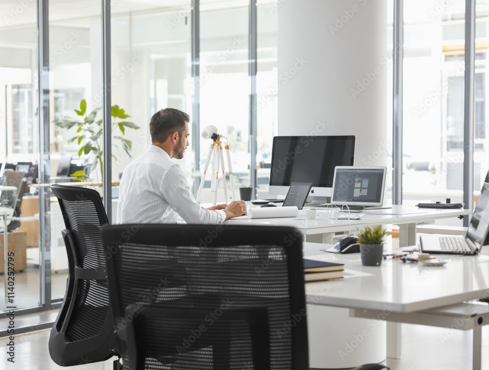 A modern office workspace featuring a professional employee engaged in productive work activities A modern office workspace featuring a professional employee engaged in productive work activities