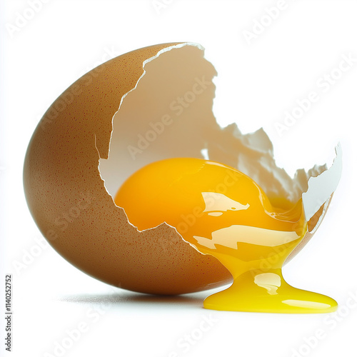 Broken brown egg releasing its yolk on white background
