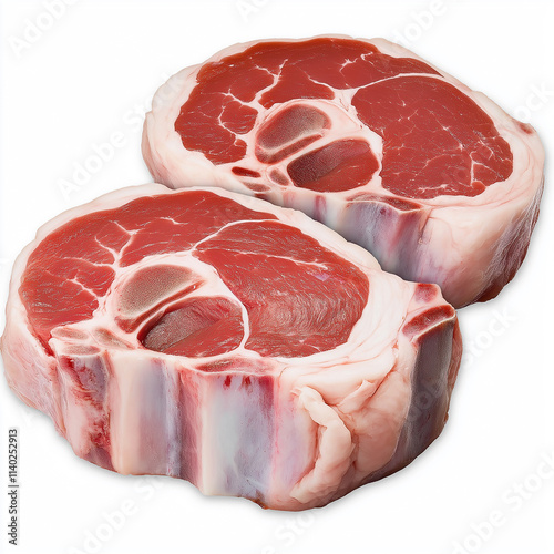 Two raw pieces of lamb showing the marrowbone on white background