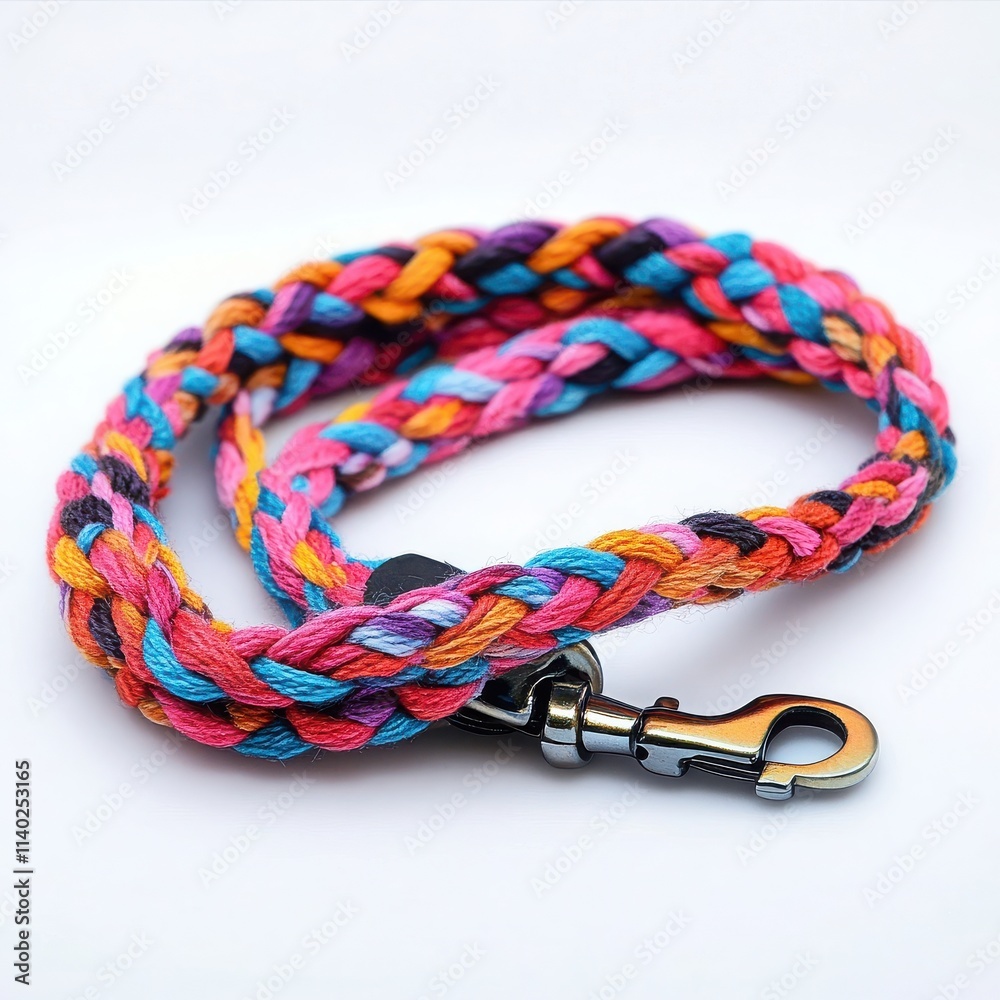 Fototapeta premium A colorful braided leash with vibrant threads and a durable clasp on a white background 