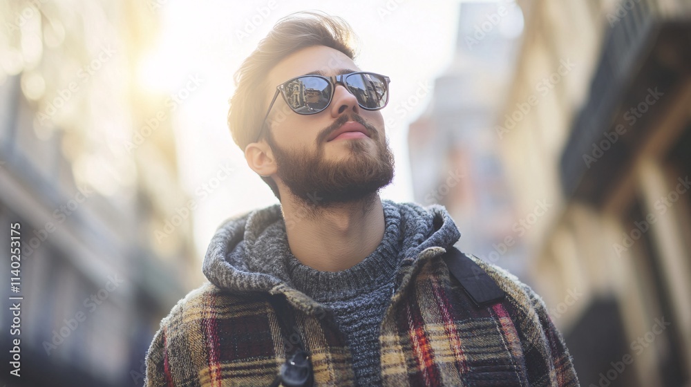 Young man wearing sunglasses looking up in the city Young man wearing sunglasses looking up in the city