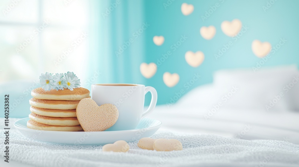 Delicious Pancakes with Coffee and Heart Cookies on a Cozy Morning Table Setting Delicious Pancakes with Coffee and Heart Cookies on a Cozy Morning Table Setting