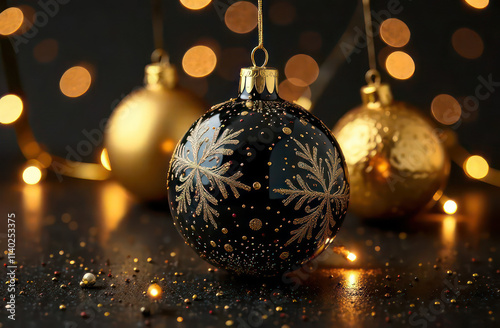 a lot af beautiful christmas balls black and gold colors photo