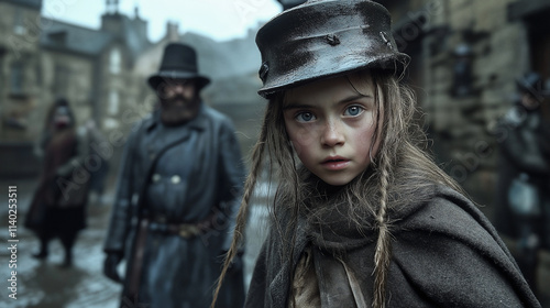 Young girl in Victorian London street, ready for battle, with two soldiers watching from begind, cinematic movie still