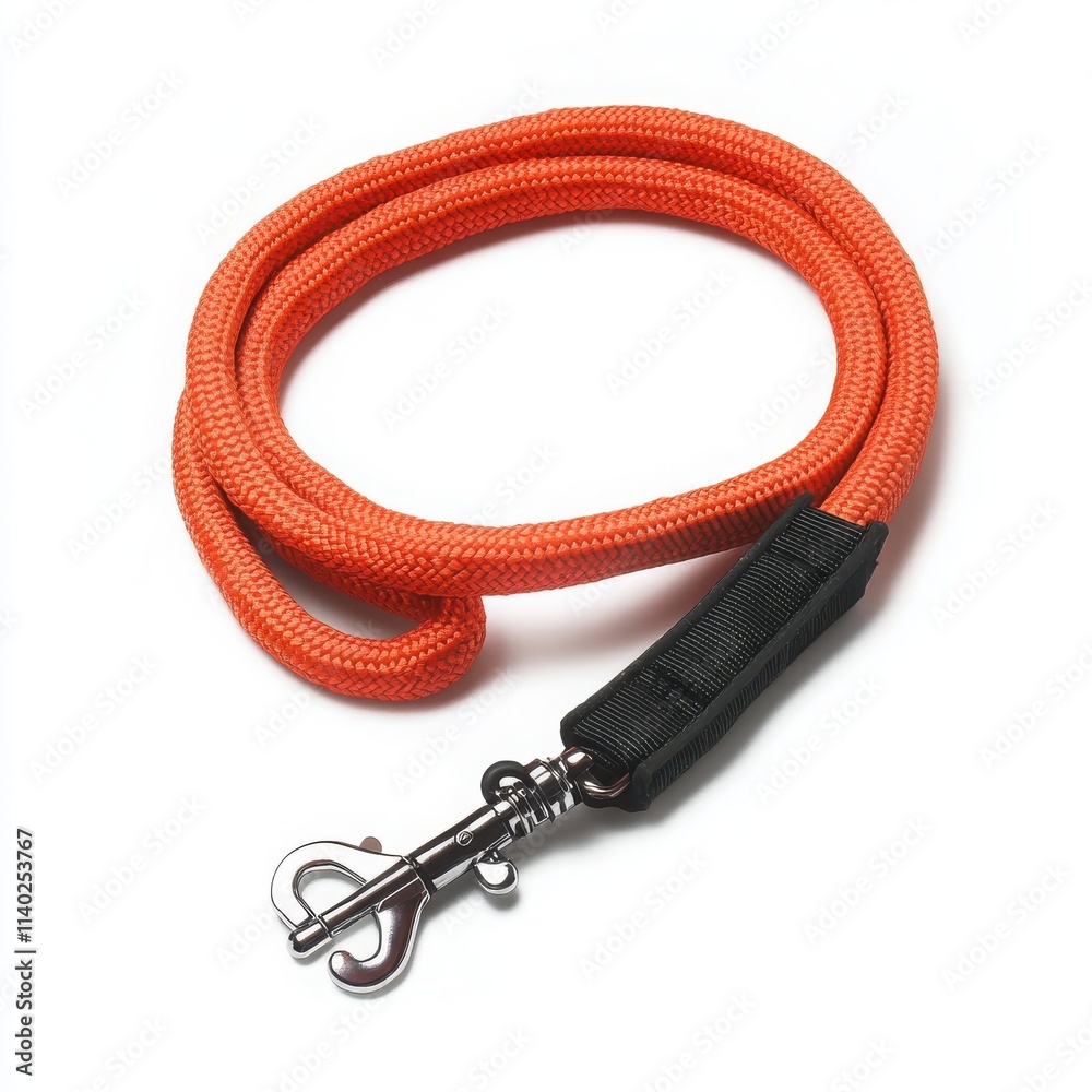 A retractable leash with a compact handle and a coiled cord on a white background 
